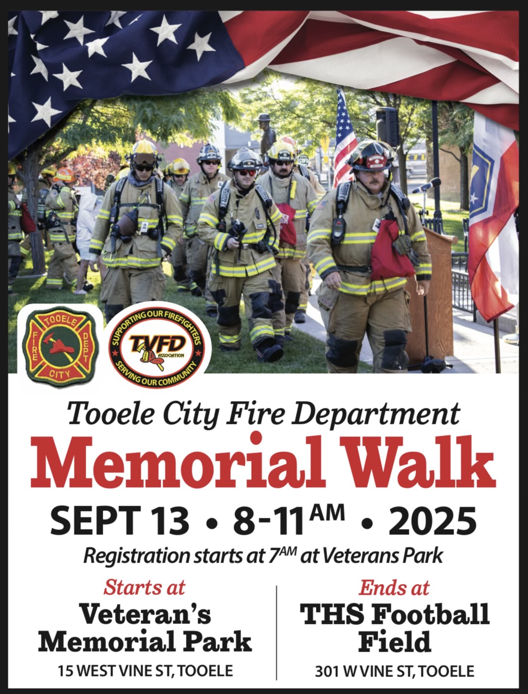 Image of firefighters in full gear walking across Veterans Park above text for the 9-11 Memorial Walk Information.